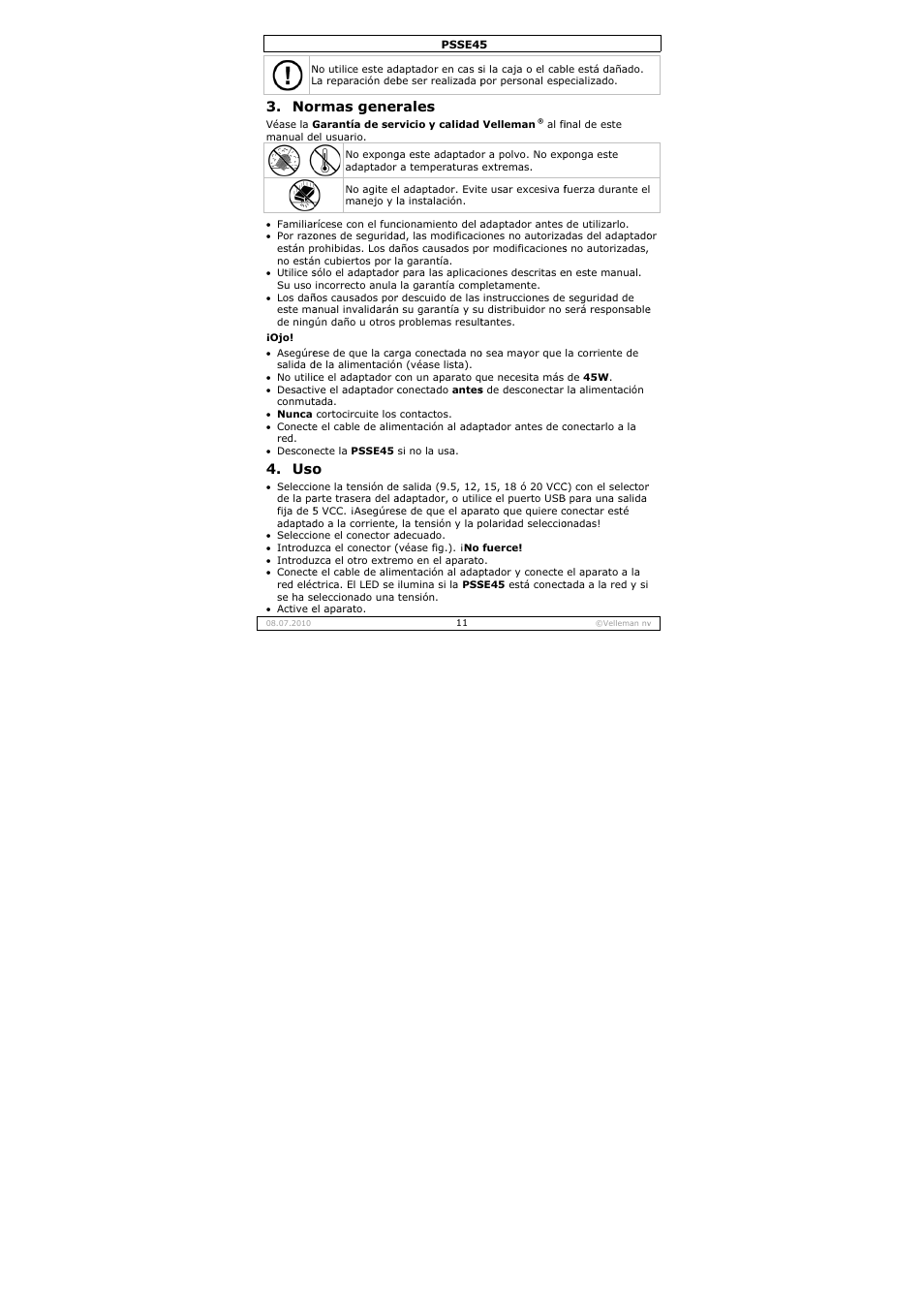 Rmas gener, Rales | Velleman PSSE45 User Manual | Page 11 / 19