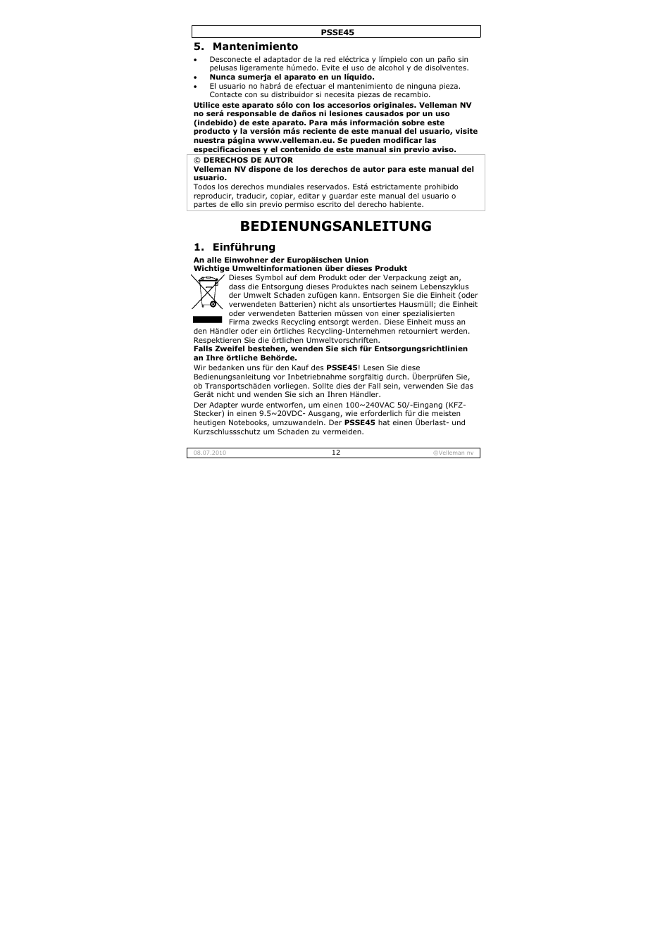 Bedien, Nungsa, Anleitu | Ntenimient, Nführung | Velleman PSSE45 User Manual | Page 12 / 19