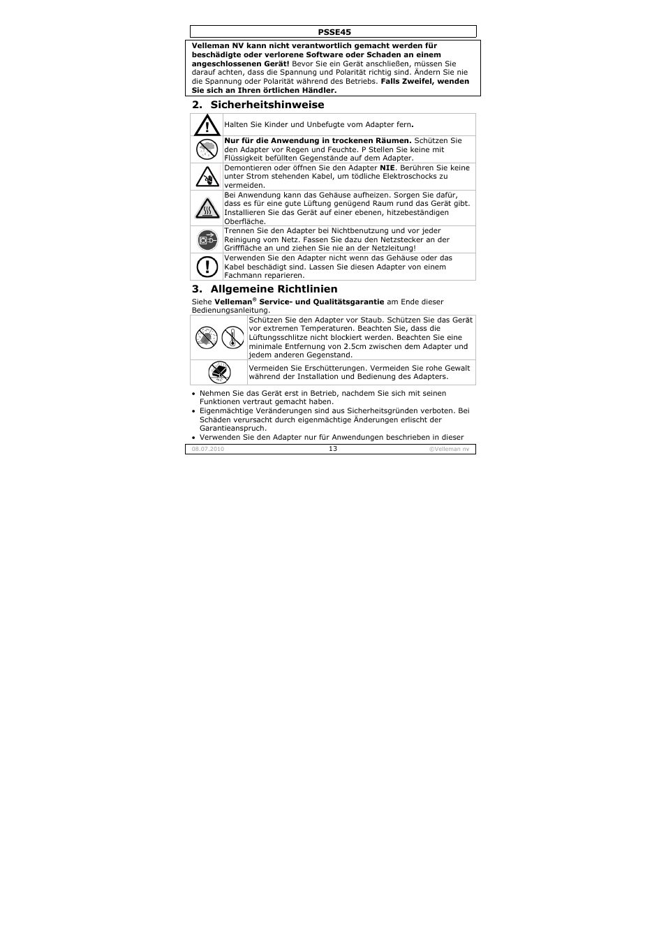 Allg, Cherheitshin, Gemeine ri | Nweise, Ichtlinien | Velleman PSSE45 User Manual | Page 13 / 19