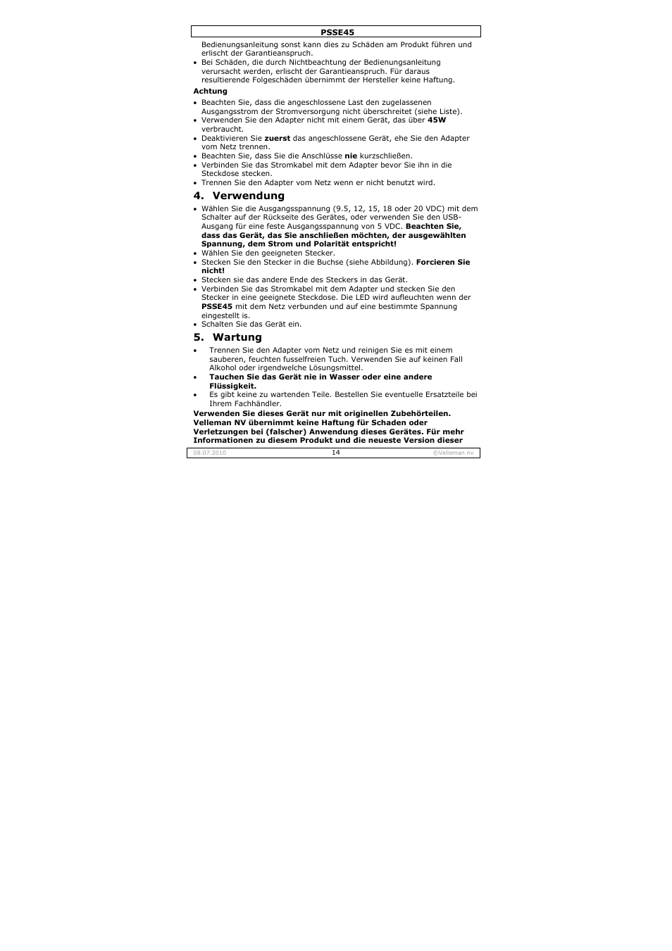 Verwendung, Wartung | Velleman PSSE45 User Manual | Page 14 / 19