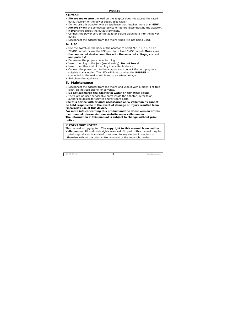 Velleman PSSE45 User Manual | Page 4 / 19