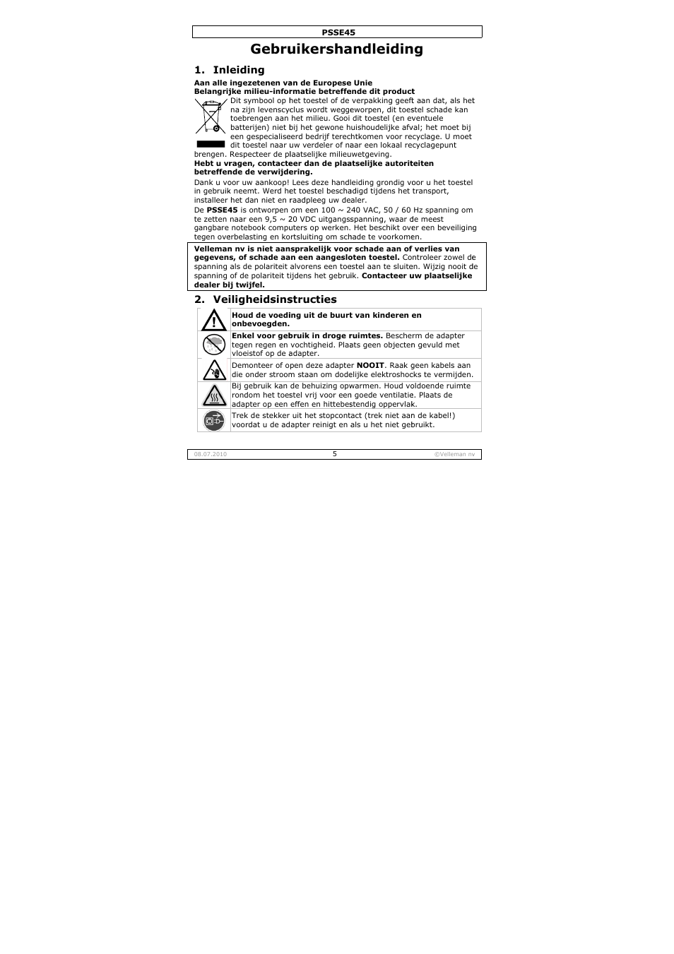 Gebru, Uikersha, Andleidin | Eiding, Iligheidsins, Structies | Velleman PSSE45 User Manual | Page 5 / 19
