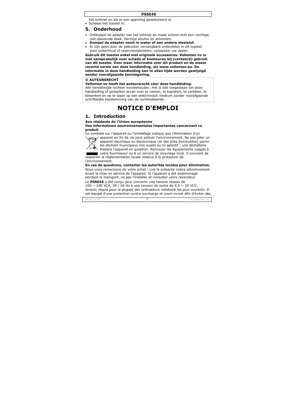 Tice d’e, Emploi, Derhoud | Troduction | Velleman PSSE45 User Manual | Page 7 / 19