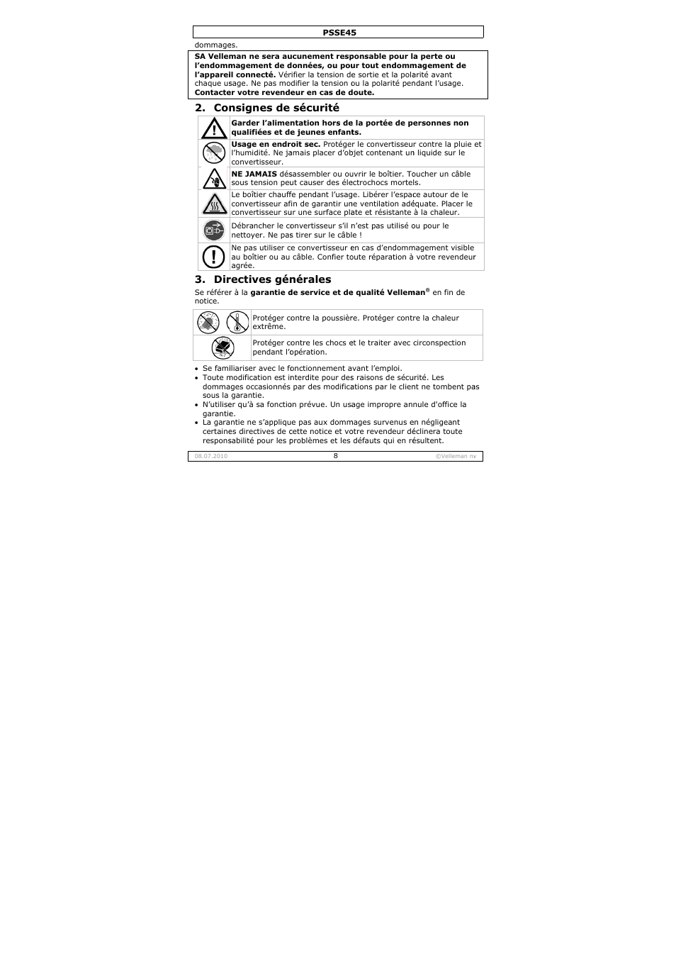 Nsignes de, Rectives gén, Sécurité | Nérales | Velleman PSSE45 User Manual | Page 8 / 19