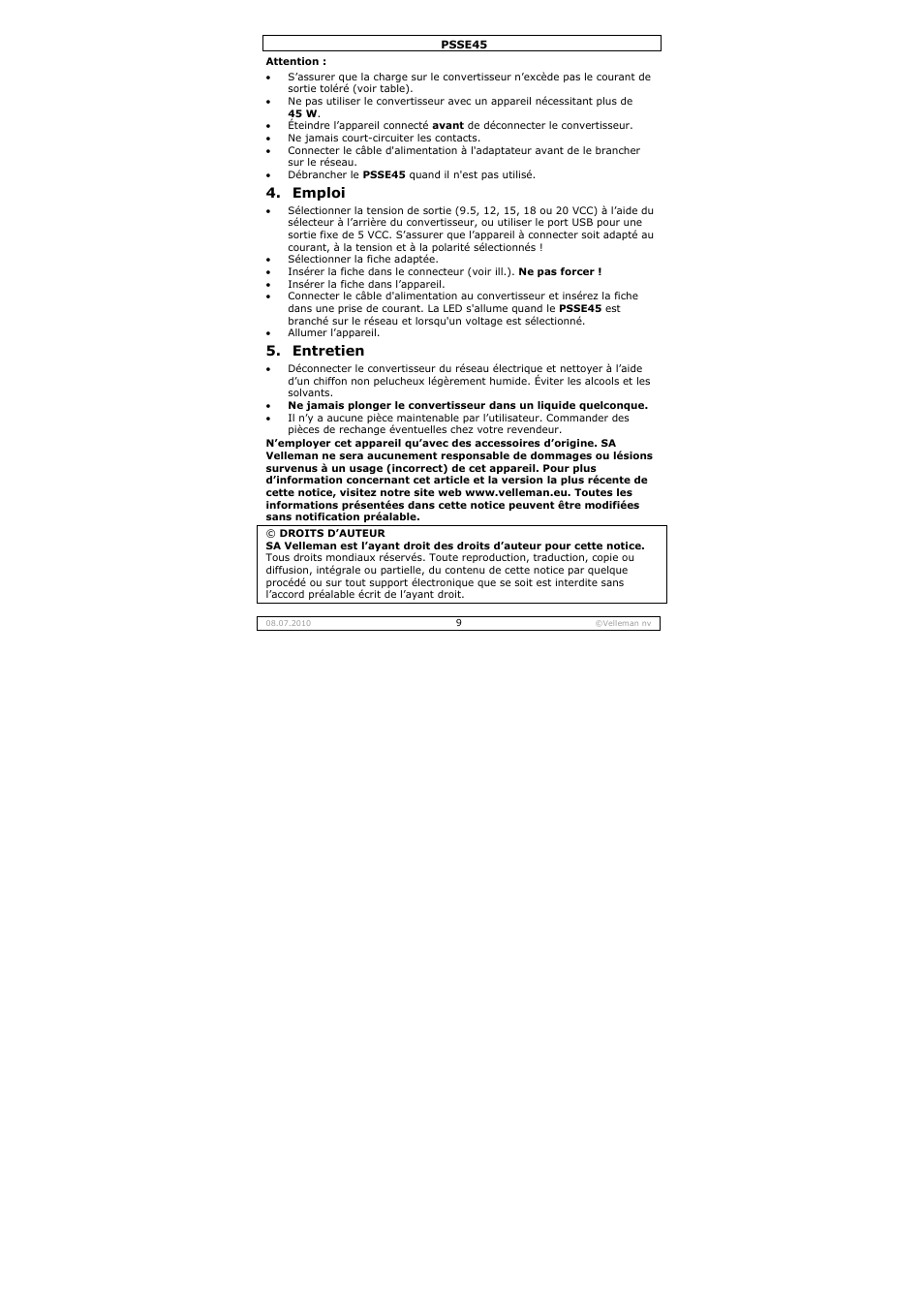 Emploi, Entretien | Velleman PSSE45 User Manual | Page 9 / 19