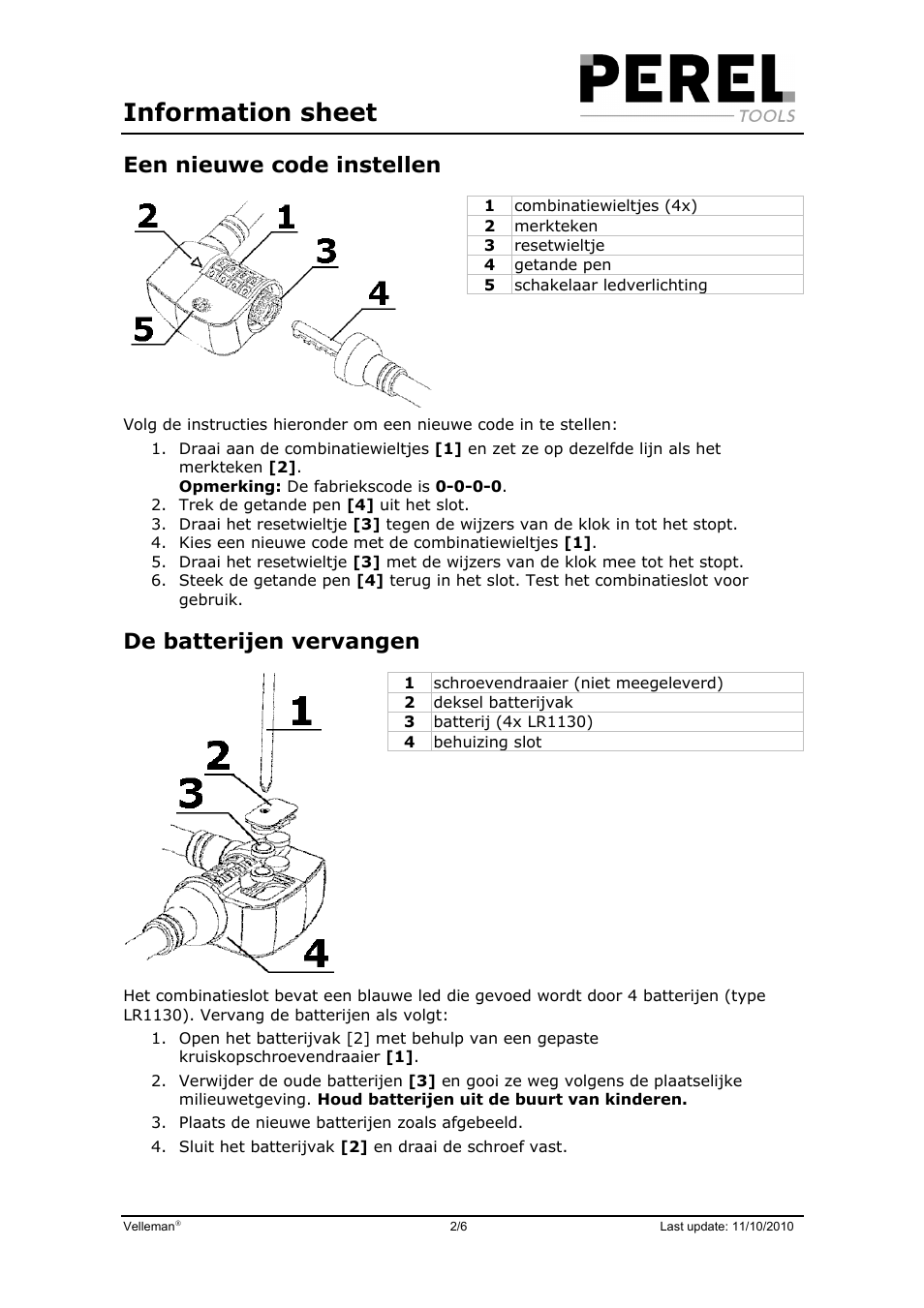 Information sheet, Een nieuwe code instellen, De batterijen vervangen | Velleman SLKB05 User Manual | Page 2 / 6