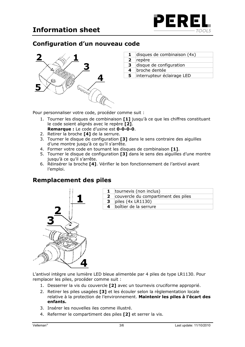 Information sheet, Configuration d’un nouveau code, Remplacement des piles | Velleman SLKB05 User Manual | Page 3 / 6