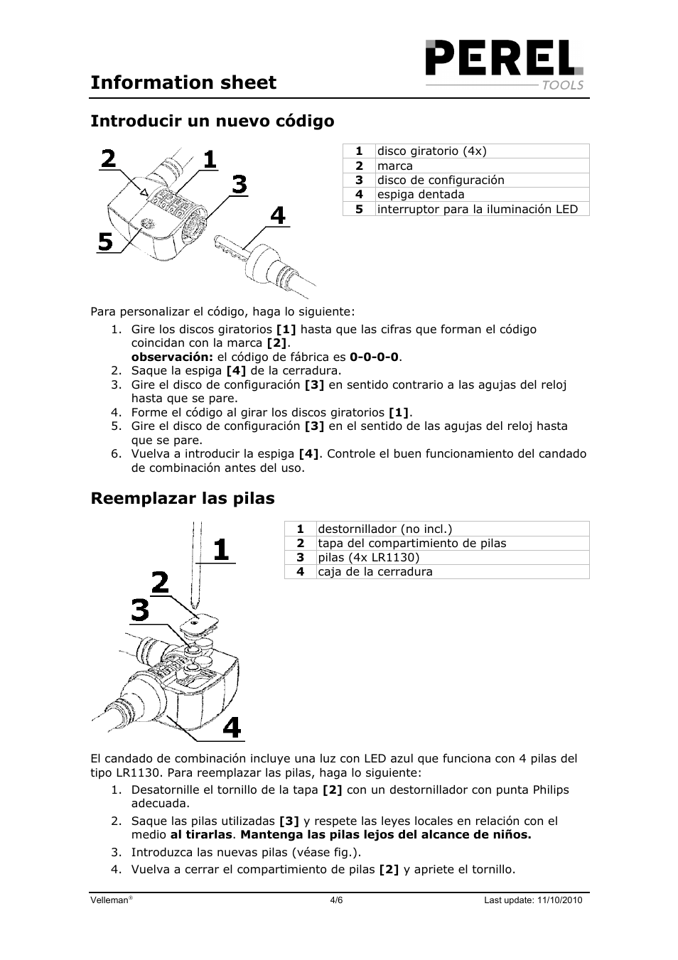 Information sheet, Introducir un nuevo código, Reemplazar las pilas | Velleman SLKB05 User Manual | Page 4 / 6