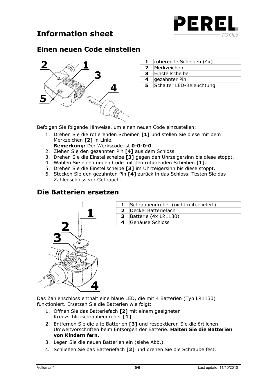 Information sheet, Einen neuen code einstellen, Die batterien ersetzen | Velleman SLKB05 User Manual | Page 5 / 6