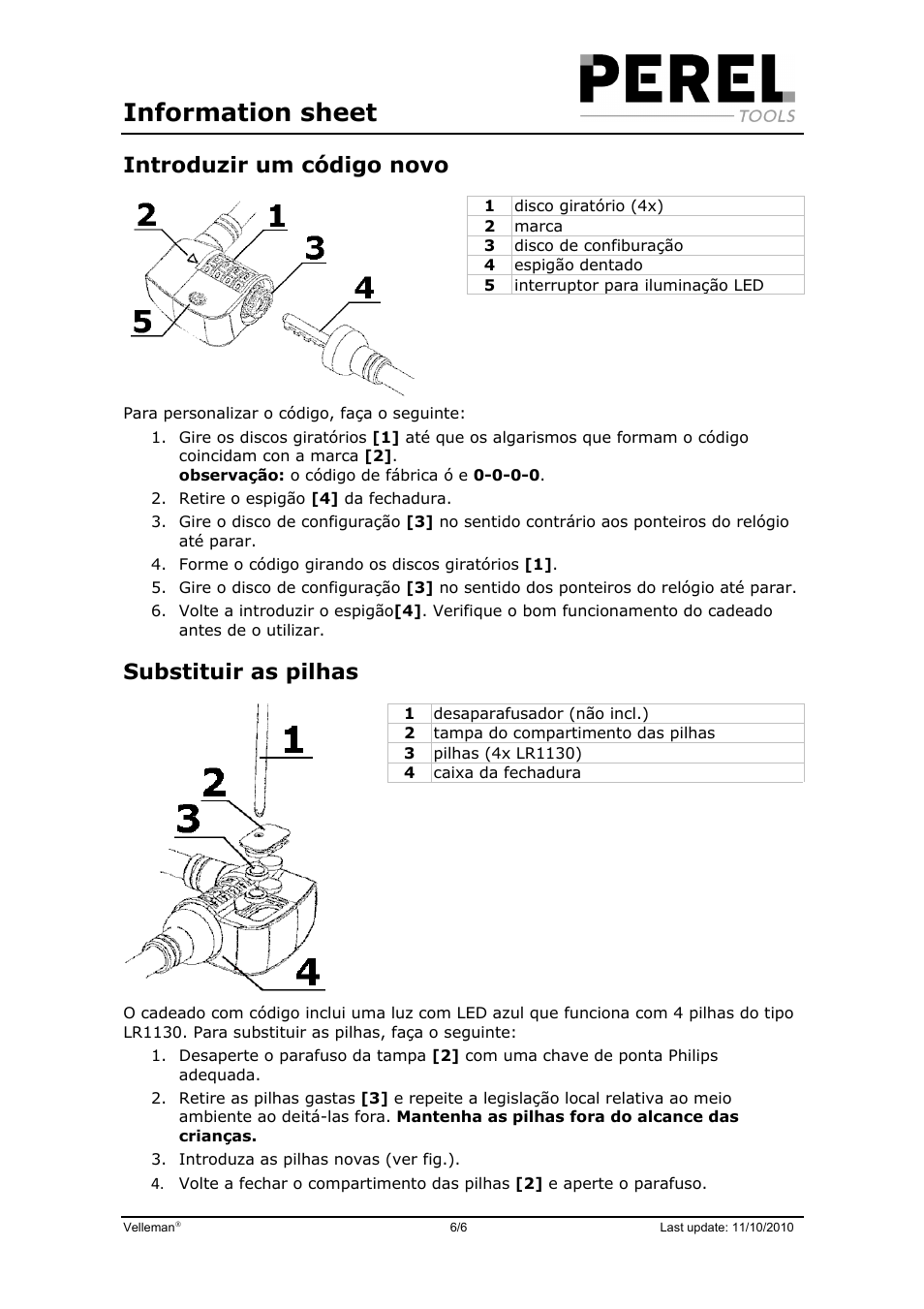 Information sheet, Introduzir um código novo, Substituir as pilhas | Velleman SLKB05 User Manual | Page 6 / 6