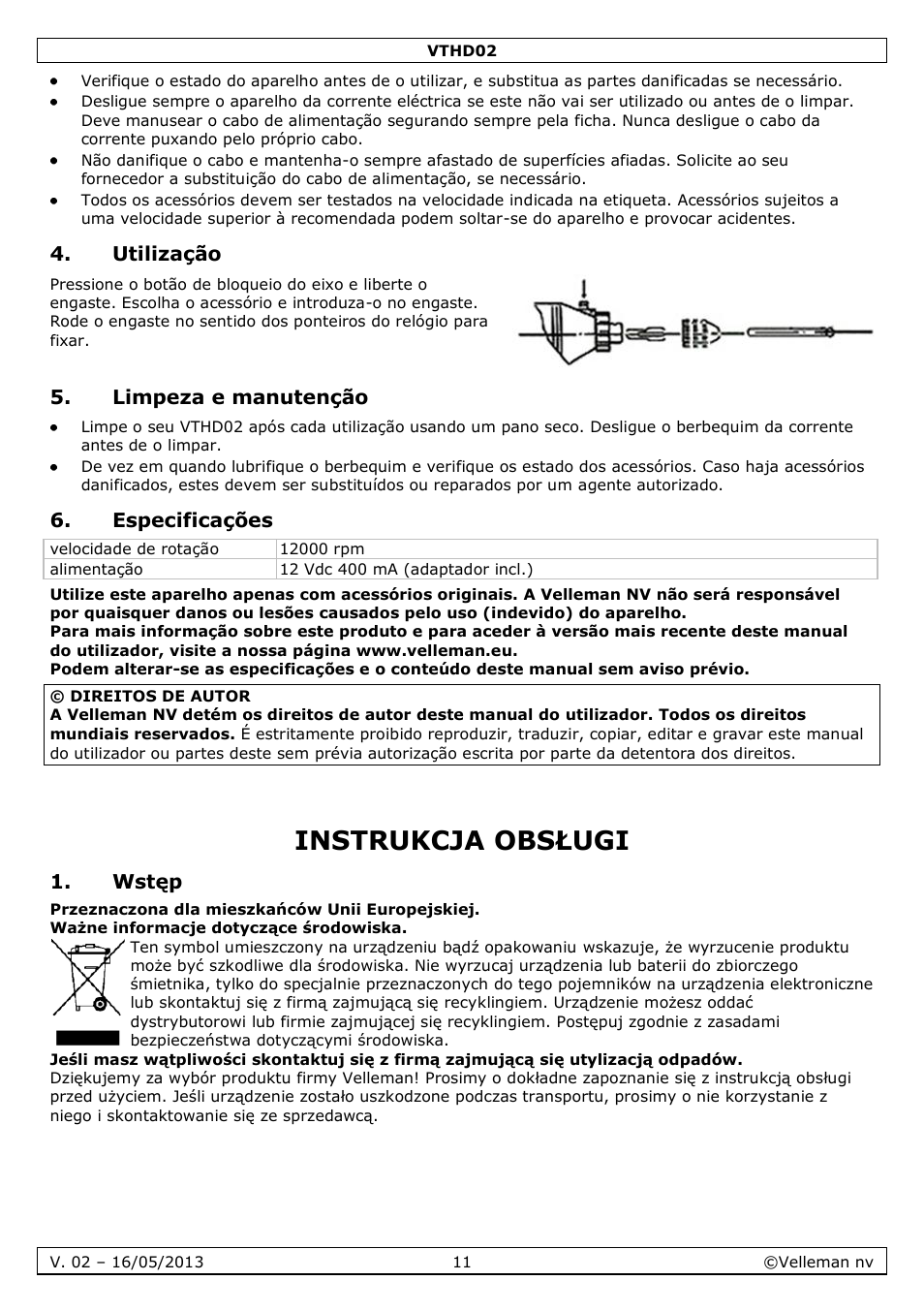 Utilização, Limpeza e manutenção, Especificações | Instrukcja obsługi, Wstęp | Velleman VTHD02 User Manual | Page 11 / 16