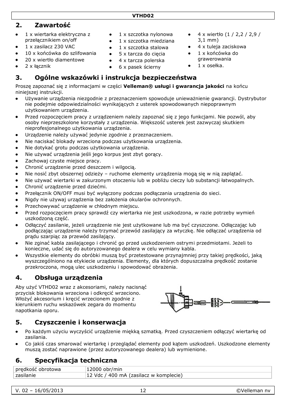 Zawartość, Ogólne wskazówki i instrukcja bezpieczeństwa, Obsługa urządzenia | Czyszczenie i konserwacja, Specyfikacja techniczna | Velleman VTHD02 User Manual | Page 12 / 16