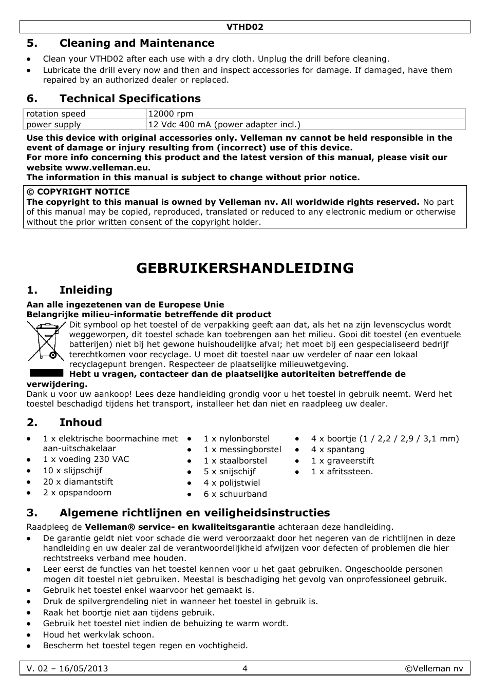 Cleaning and maintenance, Technical specifications, Gebruikershandleiding | Inleiding, Inhoud, Algemene richtlijnen en veiligheidsinstructies | Velleman VTHD02 User Manual | Page 4 / 16