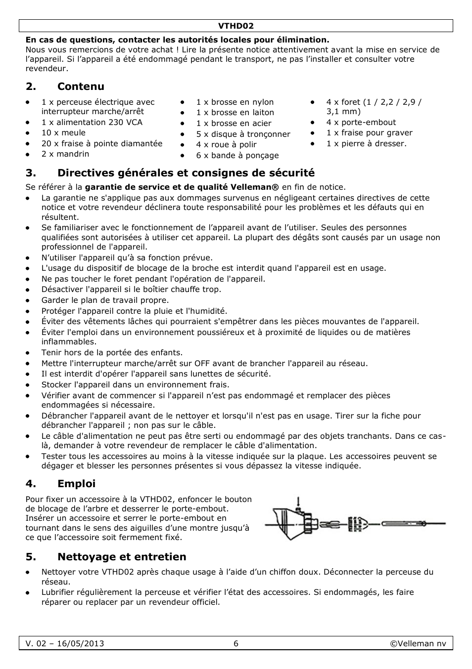 Contenu, Directives générales et consignes de sécurité, Emploi | Nettoyage et entretien | Velleman VTHD02 User Manual | Page 6 / 16
