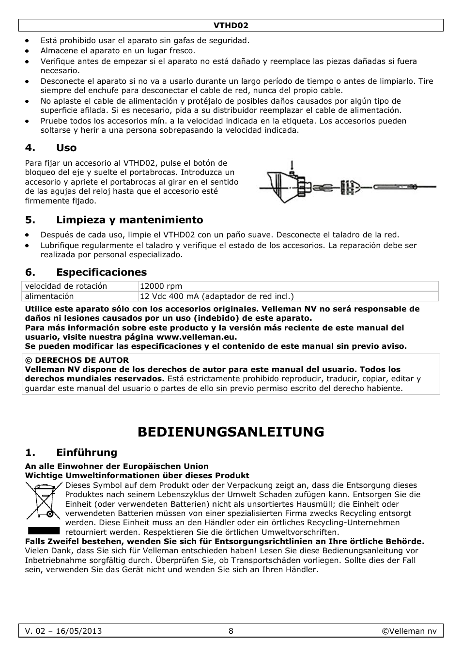 Limpieza y mantenimiento, Especificaciones, Bedienungsanleitung | Einführung | Velleman VTHD02 User Manual | Page 8 / 16