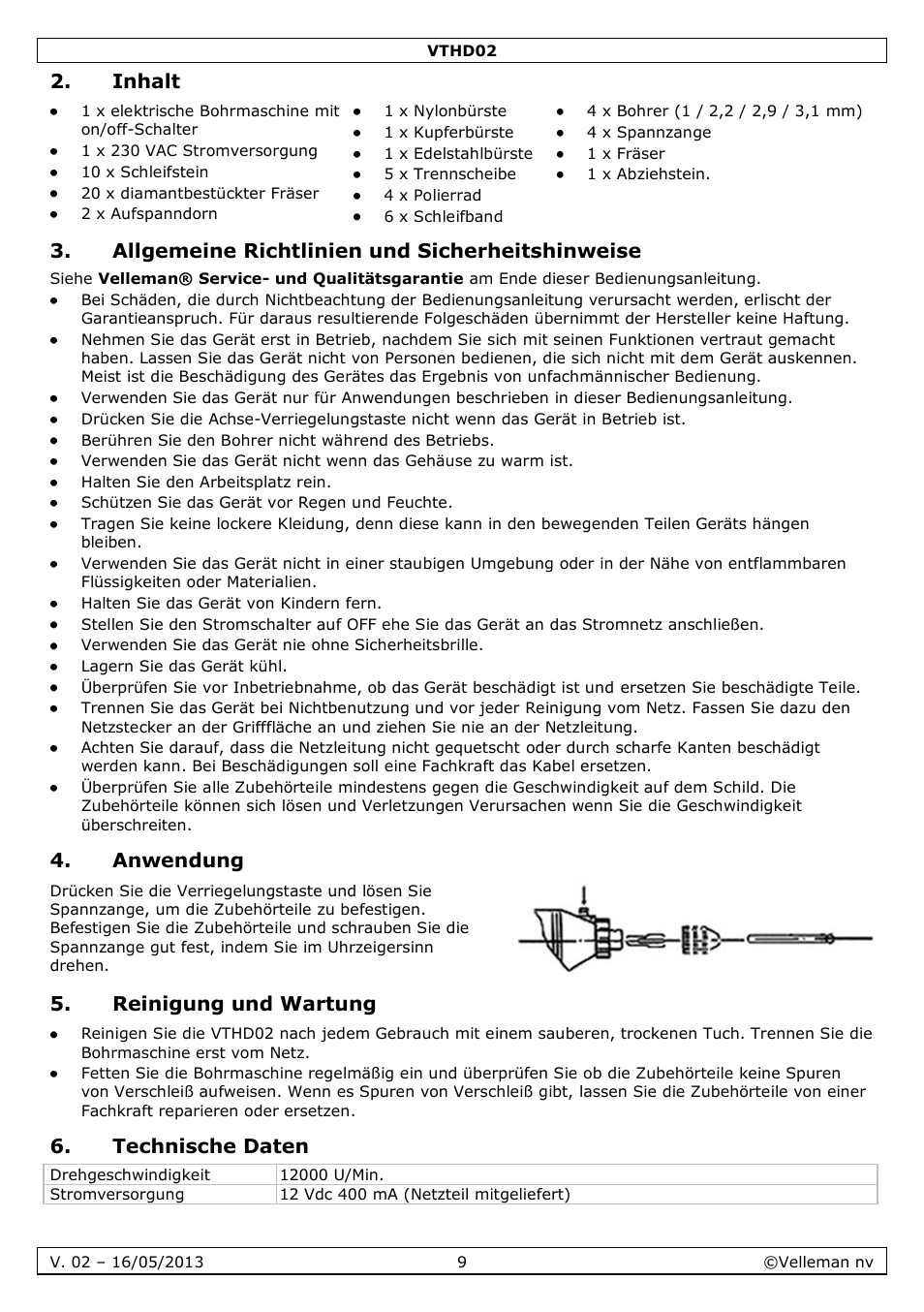 Inhalt, Allgemeine richtlinien und sicherheitshinweise, Anwendung | Reinigung und wartung, Technische daten | Velleman VTHD02 User Manual | Page 9 / 16