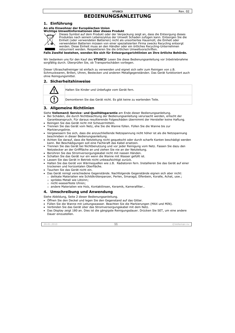 Bedie, Enungs, Anleitu | Velleman VTUSC3 User Manual | Page 11 / 19