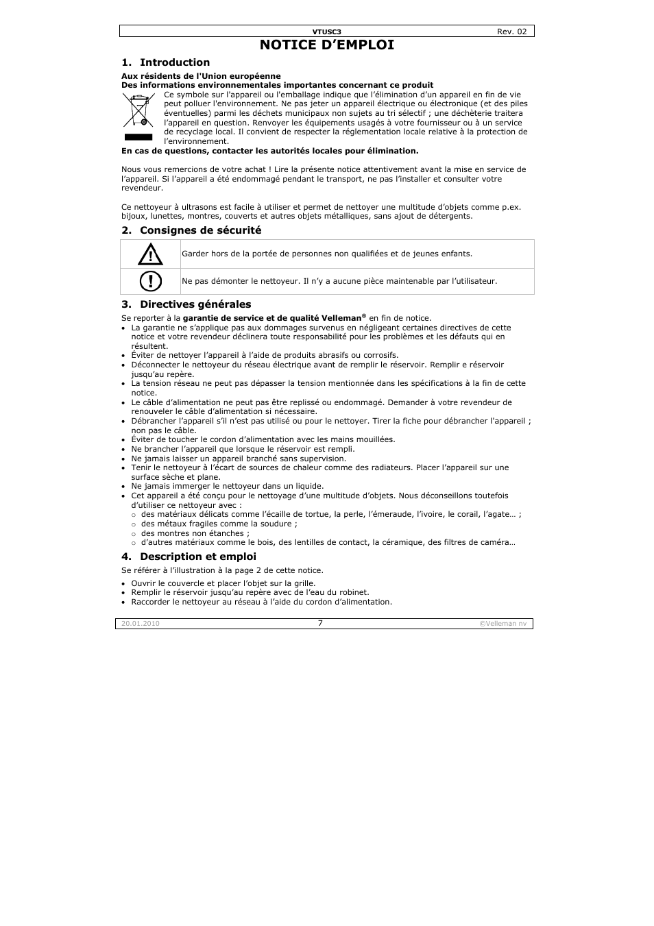 Otice d, Emploi | Velleman VTUSC3 User Manual | Page 7 / 19