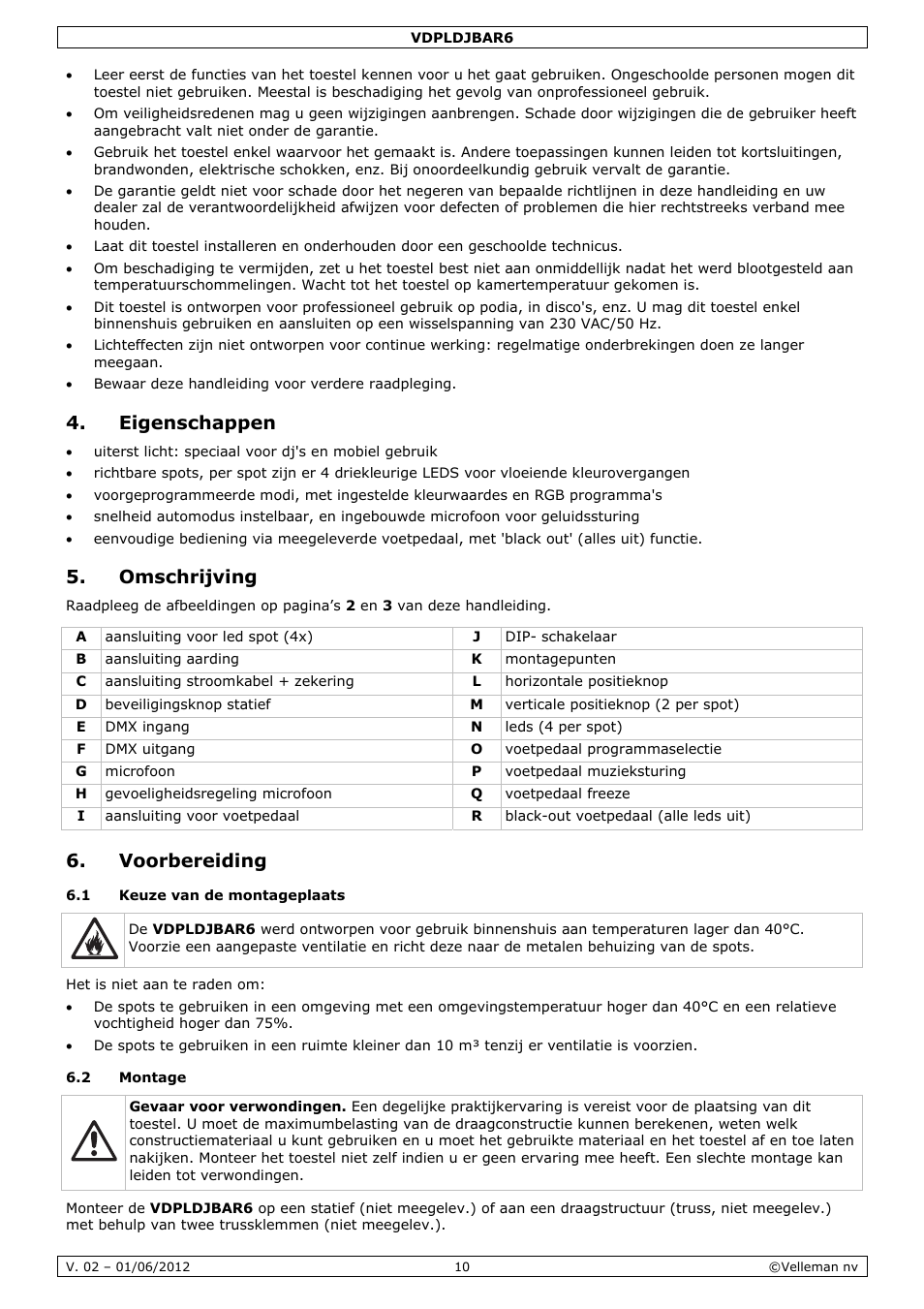 Eigenschappen, Omschrijving, Voorbereiding | Velleman VDPLDJBAR6 User Manual | Page 10 / 38