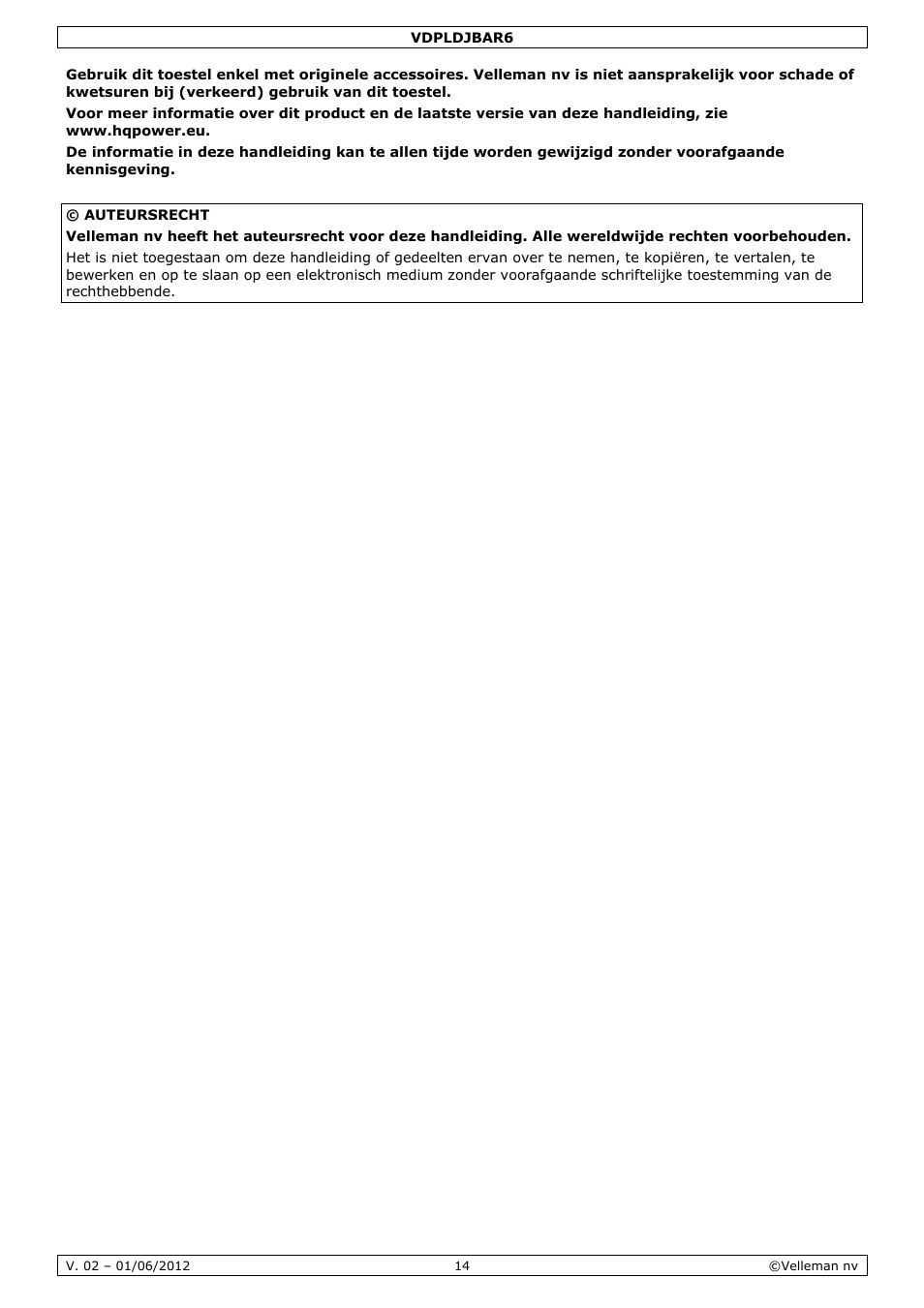 Velleman VDPLDJBAR6 User Manual | Page 14 / 38