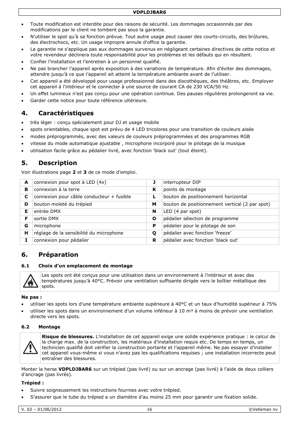 Caractéristiques, Description, Préparation | Velleman VDPLDJBAR6 User Manual | Page 16 / 38