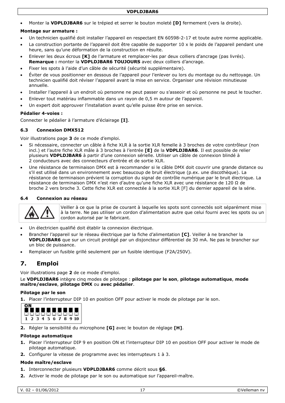 Emploi | Velleman VDPLDJBAR6 User Manual | Page 17 / 38