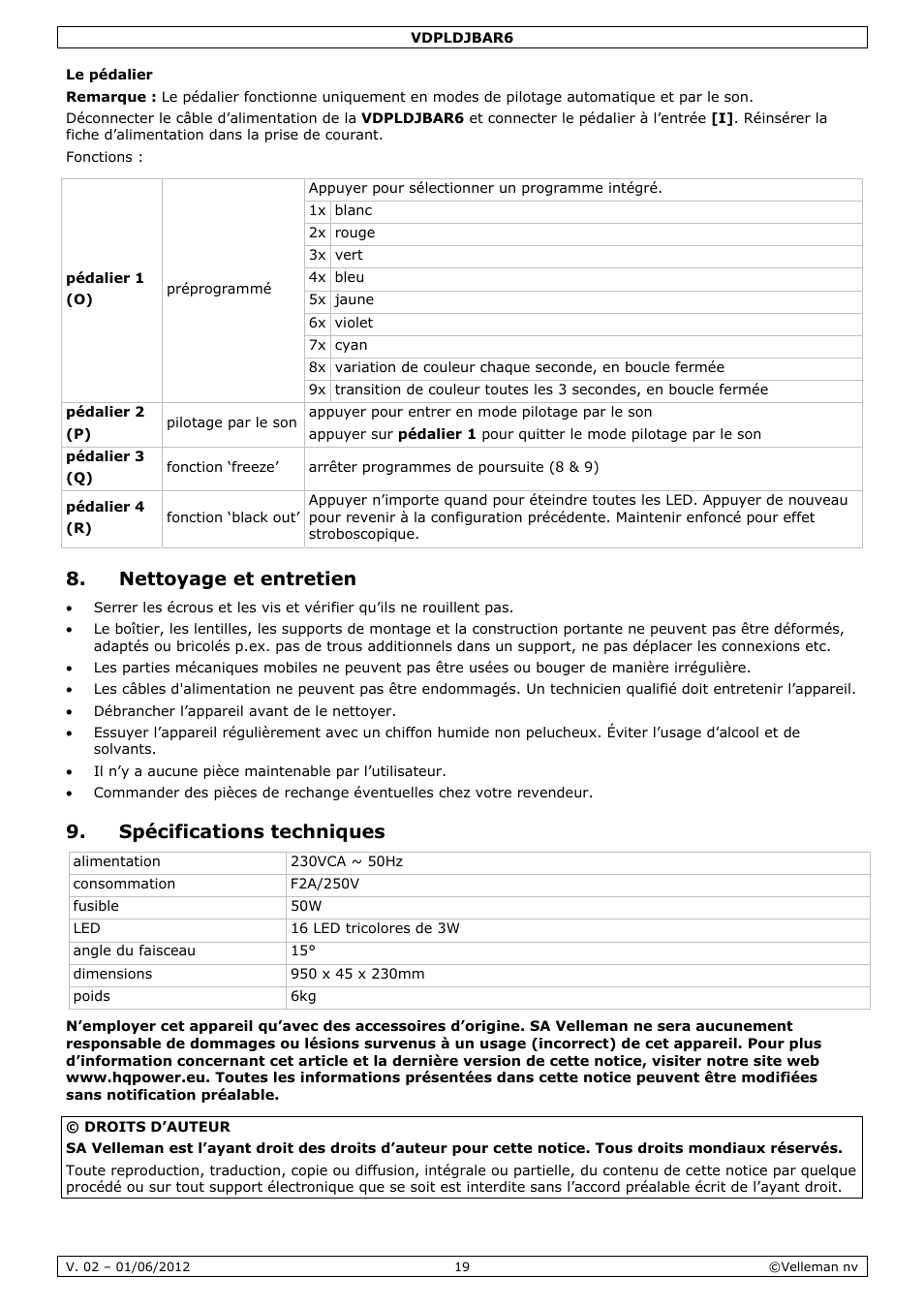 Nettoyage et entretien, Spécifications techniques | Velleman VDPLDJBAR6 User Manual | Page 19 / 38