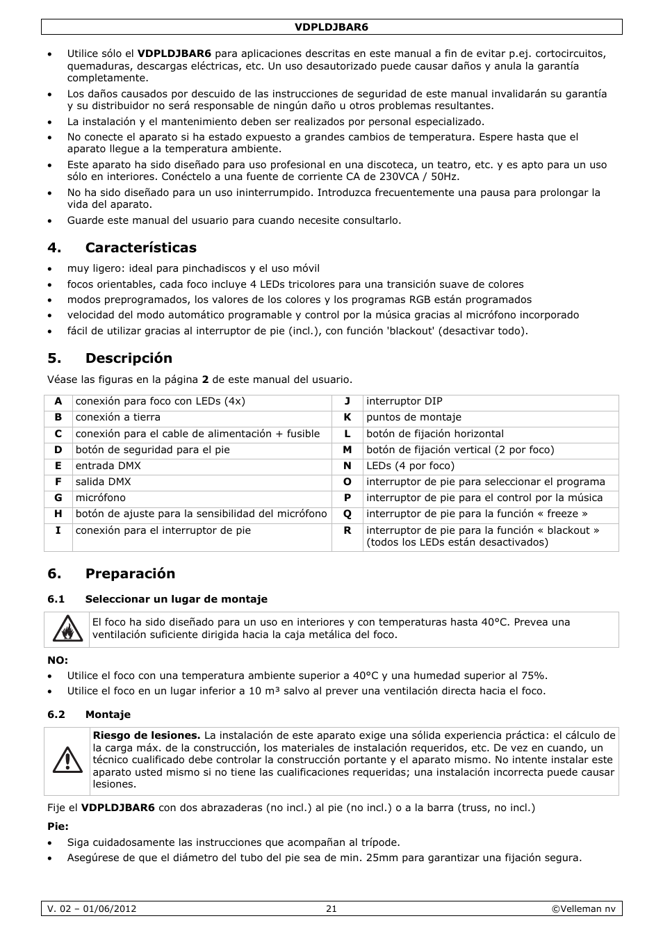 Características, Descripción, Preparación | Velleman VDPLDJBAR6 User Manual | Page 21 / 38