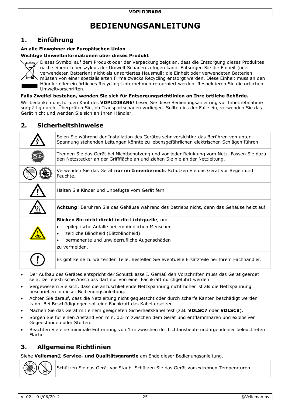 Bedienungsanleitung, Dienun, Ngsan | Nleitu, Einfü, Siche, Allge, Ührung, Erheitsh, Emeine r | Velleman VDPLDJBAR6 User Manual | Page 25 / 38