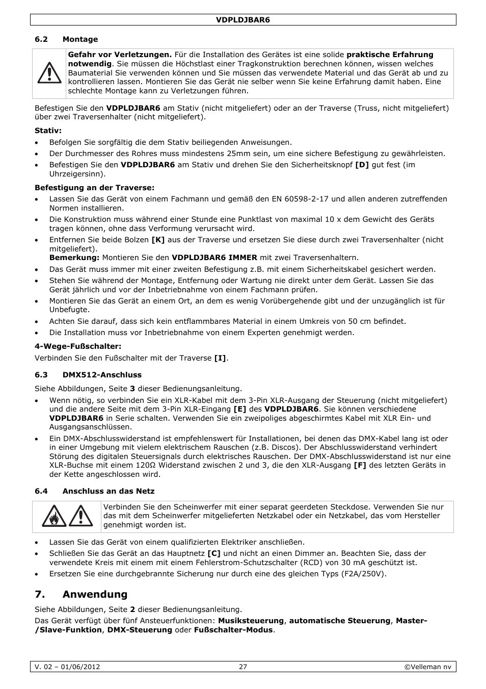 Anwendung | Velleman VDPLDJBAR6 User Manual | Page 27 / 38