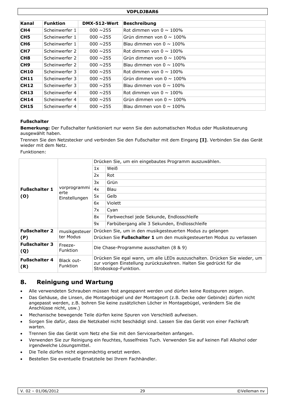 Reinigung und wartung | Velleman VDPLDJBAR6 User Manual | Page 29 / 38
