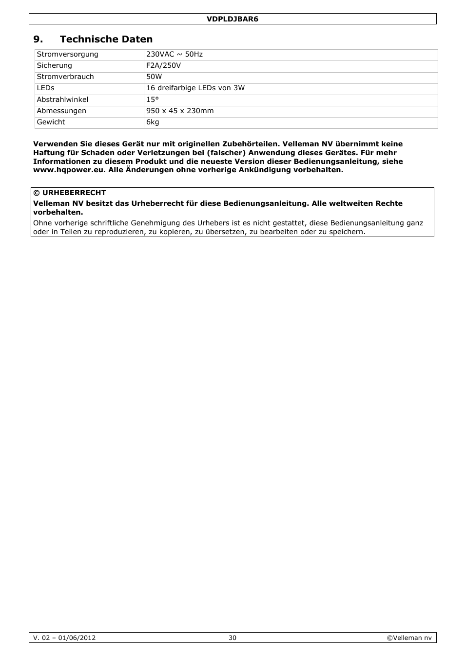 Technische daten | Velleman VDPLDJBAR6 User Manual | Page 30 / 38