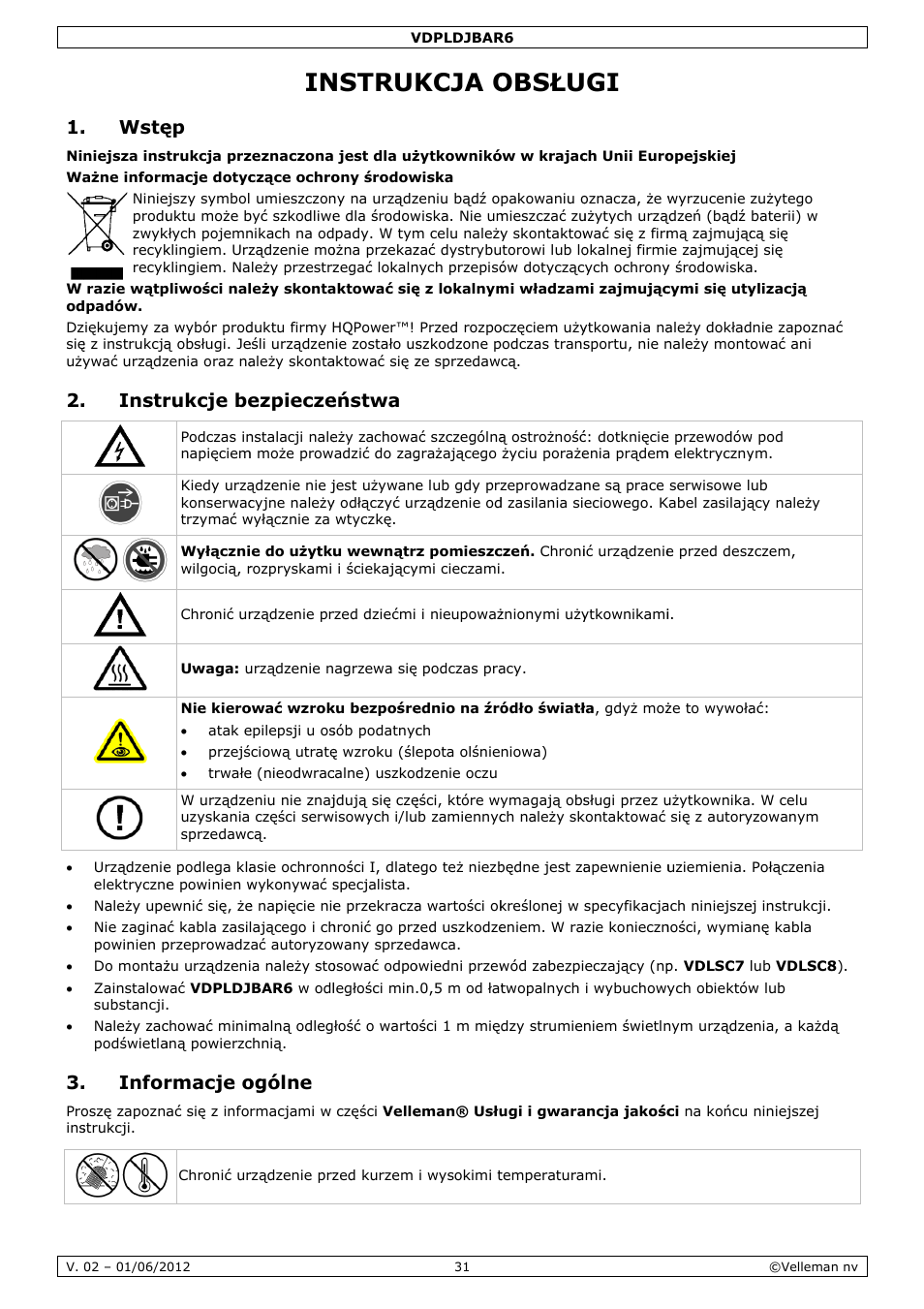 Instrukcja obsługi, Nstruk, Kcja o | Obsłu, Wstę, Instr, Infor, Rukcje be, Rmacje o, Ezpiecze | Velleman VDPLDJBAR6 User Manual | Page 31 / 38