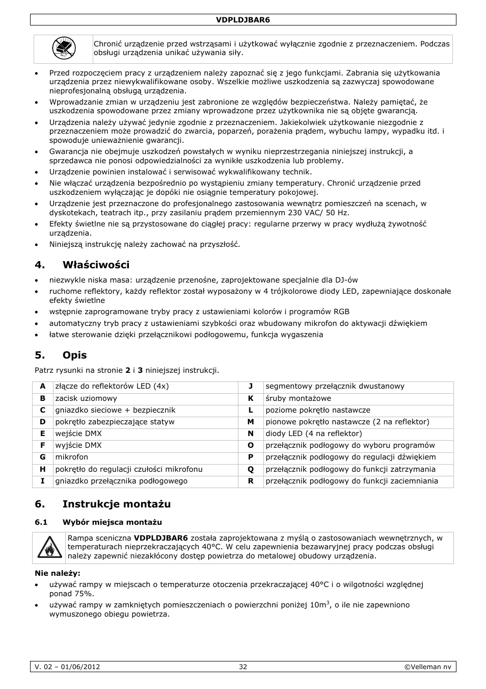 Właściwości, Opis, Instrukcje montażu | Velleman VDPLDJBAR6 User Manual | Page 32 / 38