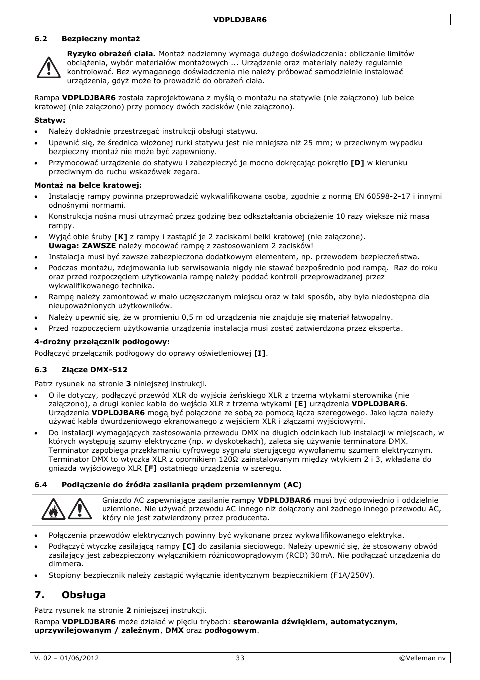 Obsługa | Velleman VDPLDJBAR6 User Manual | Page 33 / 38
