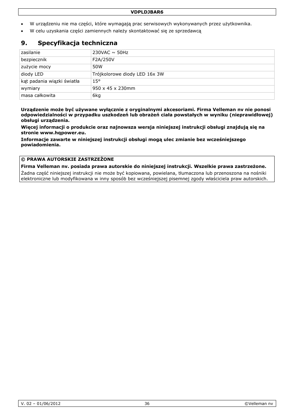 Specyfikacja techniczna | Velleman VDPLDJBAR6 User Manual | Page 36 / 38