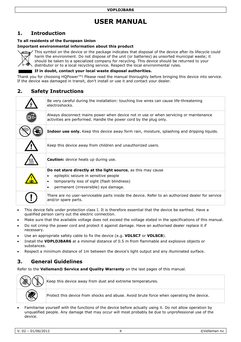 User manual, R man, Nual | Intro, Safet, Gene, Oduction, Ty instru, Eral guid, Uctions | Velleman VDPLDJBAR6 User Manual | Page 4 / 38