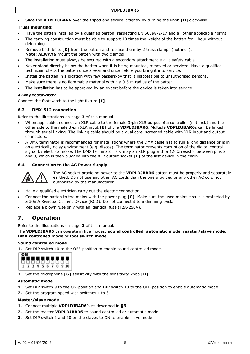 Operation | Velleman VDPLDJBAR6 User Manual | Page 6 / 38