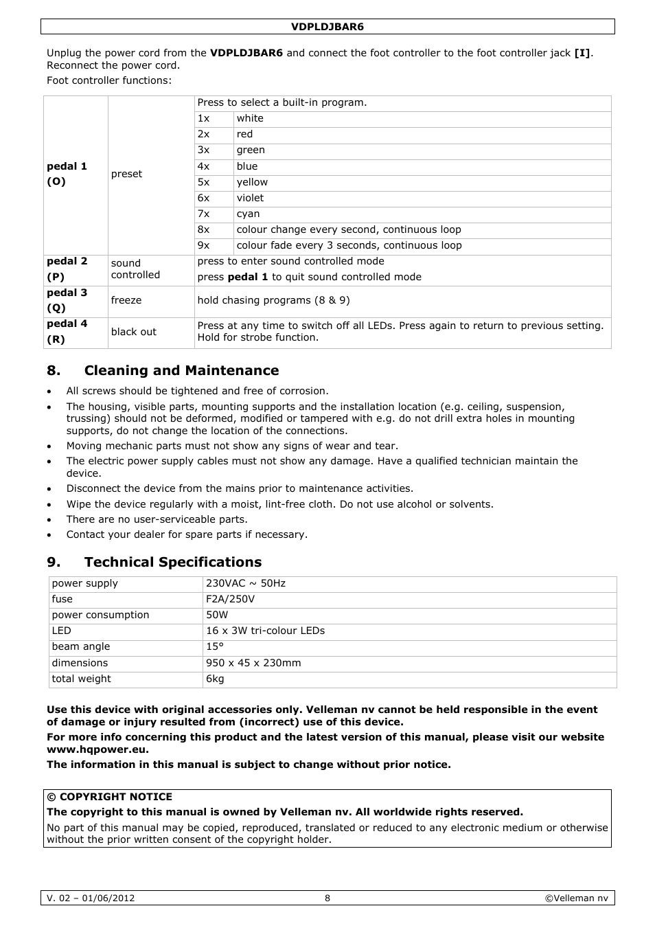 Cleaning and maintenance, Technical specifications | Velleman VDPLDJBAR6 User Manual | Page 8 / 38