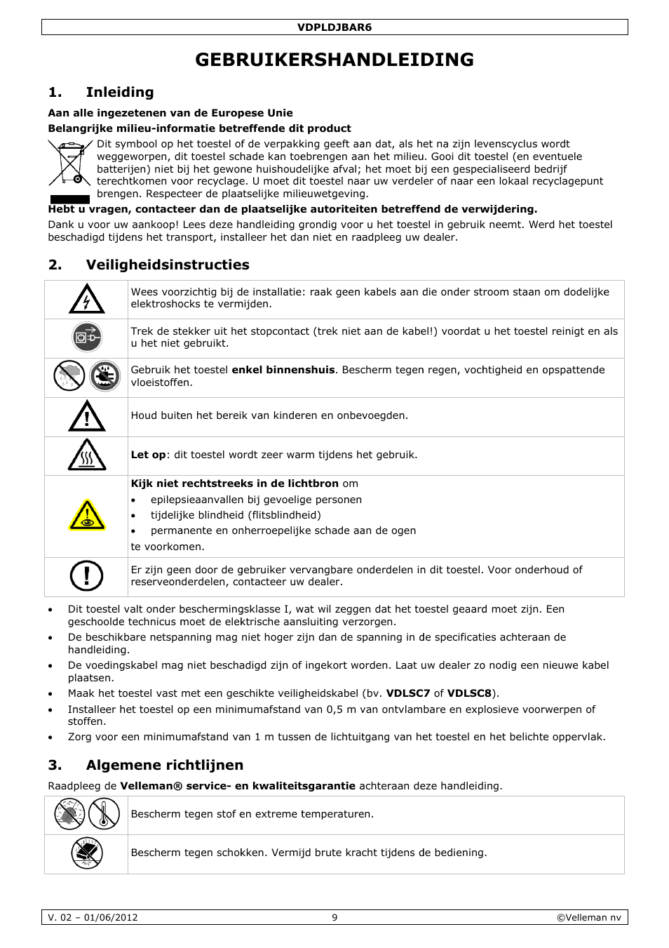 Gebruikershandleiding, Gebr, Ruiker | Rshan, Ndleid, Inlei, Veilig, Algem, Ding, Gheidsin | Velleman VDPLDJBAR6 User Manual | Page 9 / 38