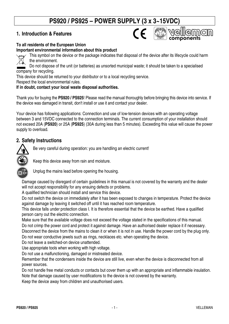 Velleman PS925 User Manual | 13 pages