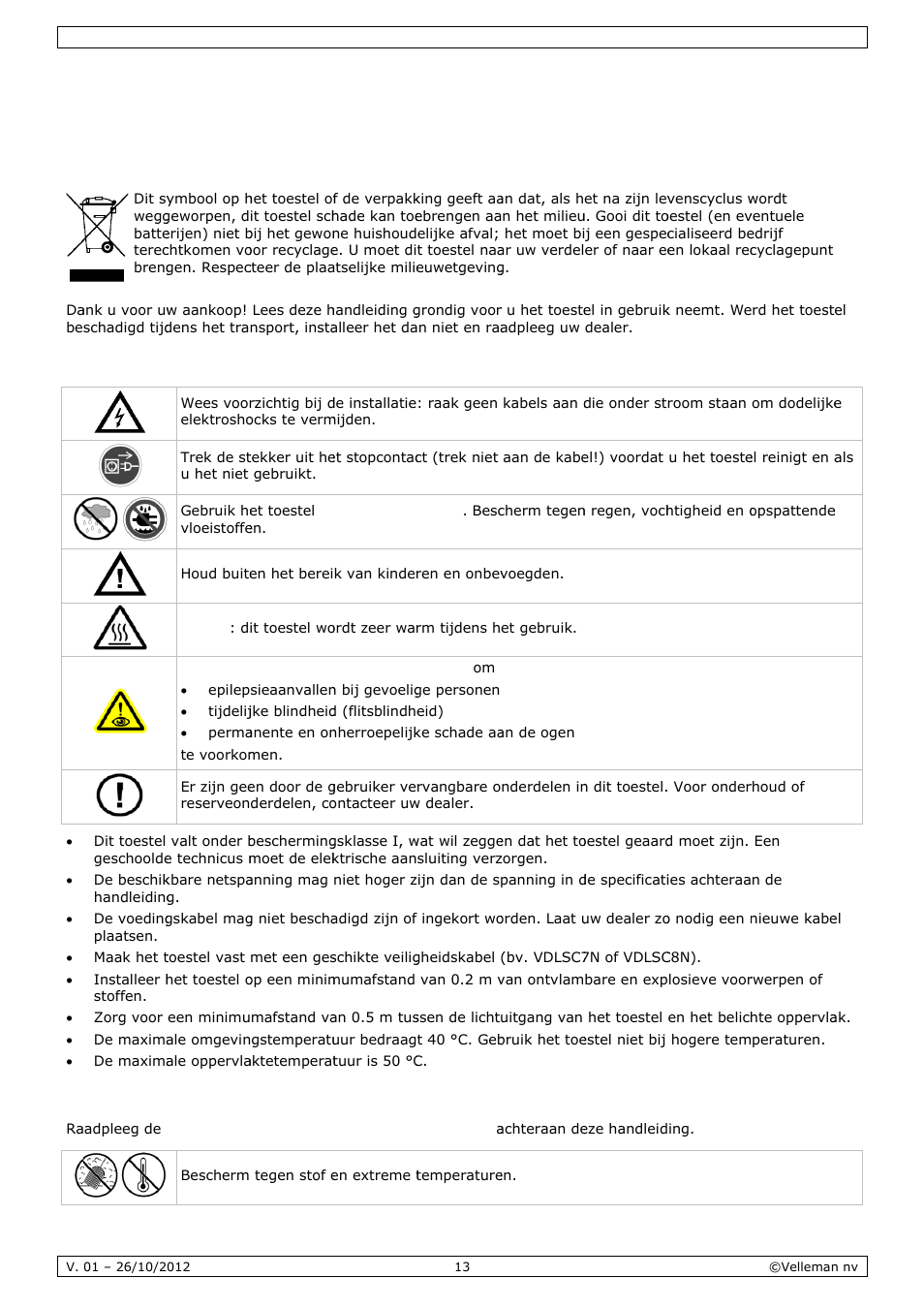 Gebruikershandleiding, Gebr, Ruiker | Rshan, Ndleid, Inlei, Veilig, Algem, Ding, Gheidsin | Velleman VDPL1203MHRGBW User Manual | Page 13 / 58