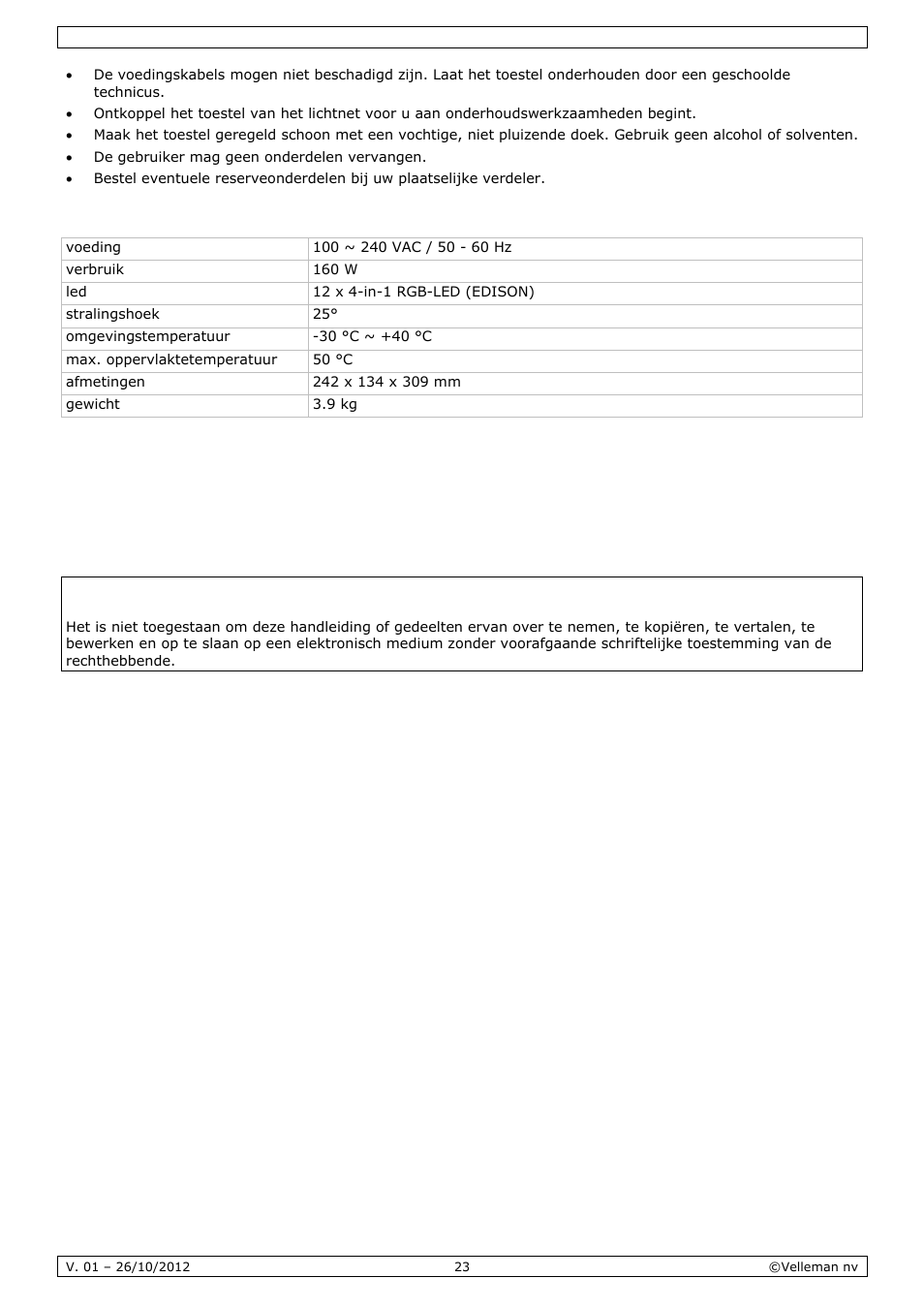 Technische specificaties | Velleman VDPL1203MHRGBW User Manual | Page 23 / 58