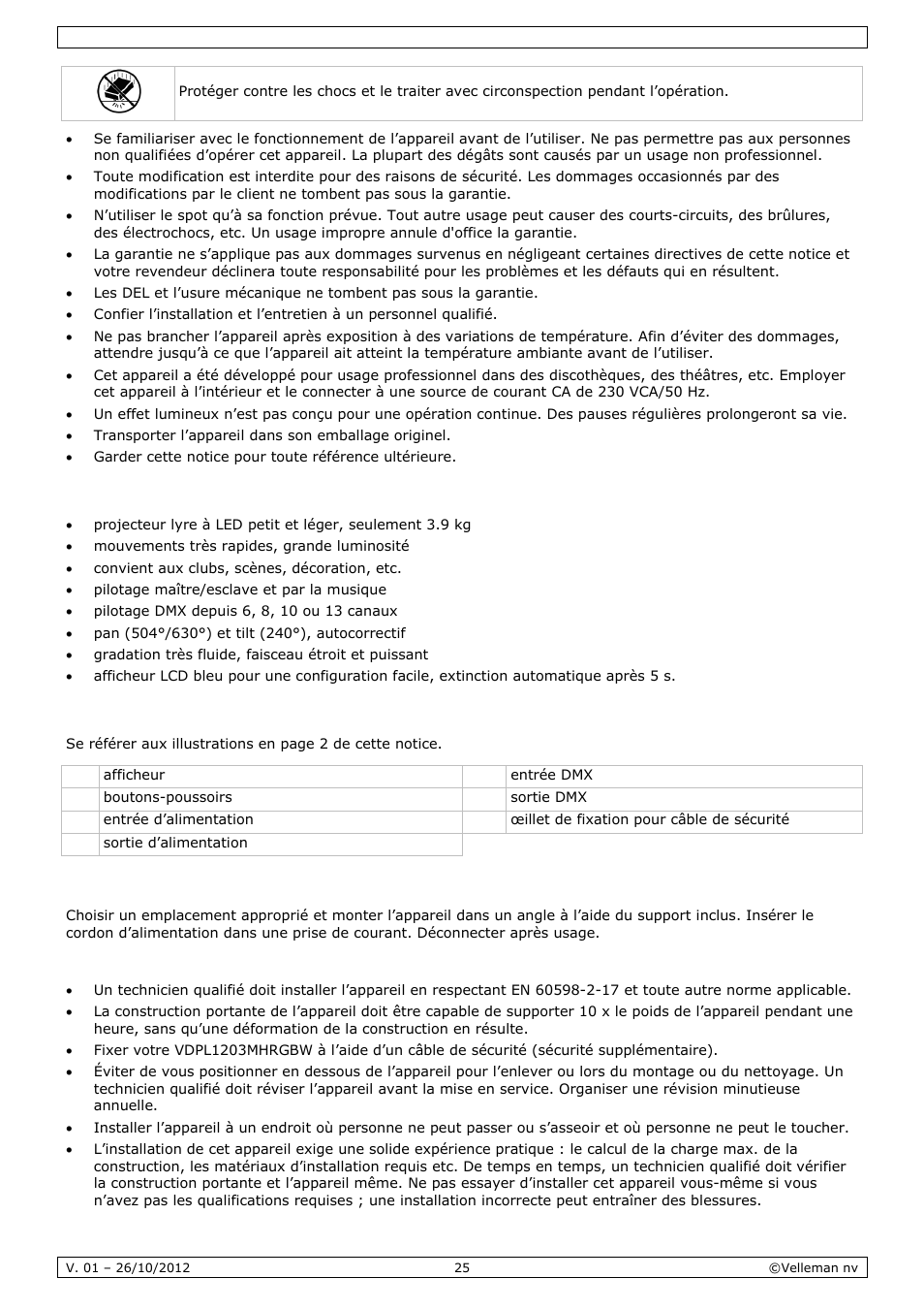 Caractéristiques, Description, Installation | Velleman VDPL1203MHRGBW User Manual | Page 25 / 58