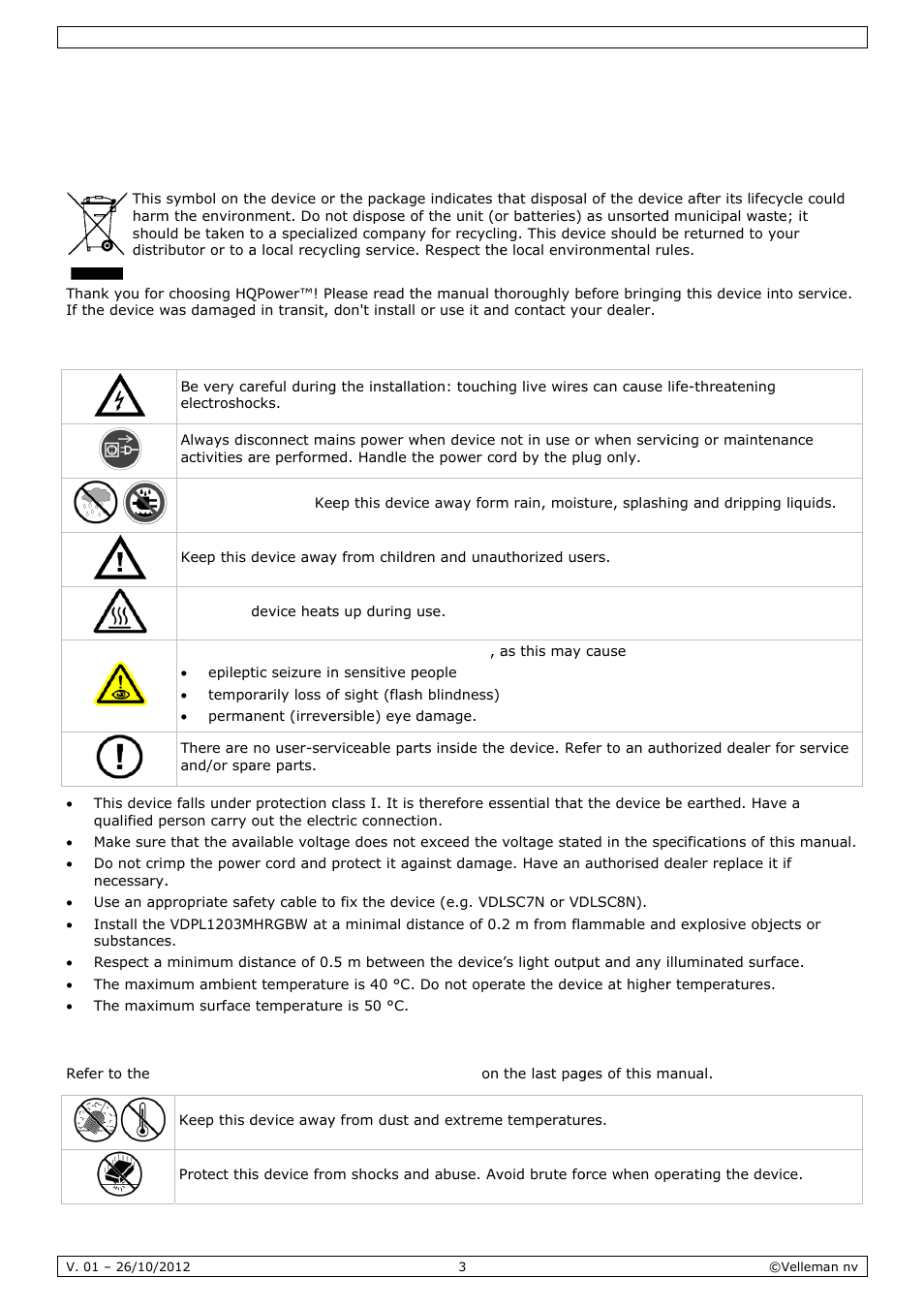 User manual, R man, Nual | Intro, Safet, Gene, Oduction, Ty instru, Eral guid, Uctions | Velleman VDPL1203MHRGBW User Manual | Page 3 / 58