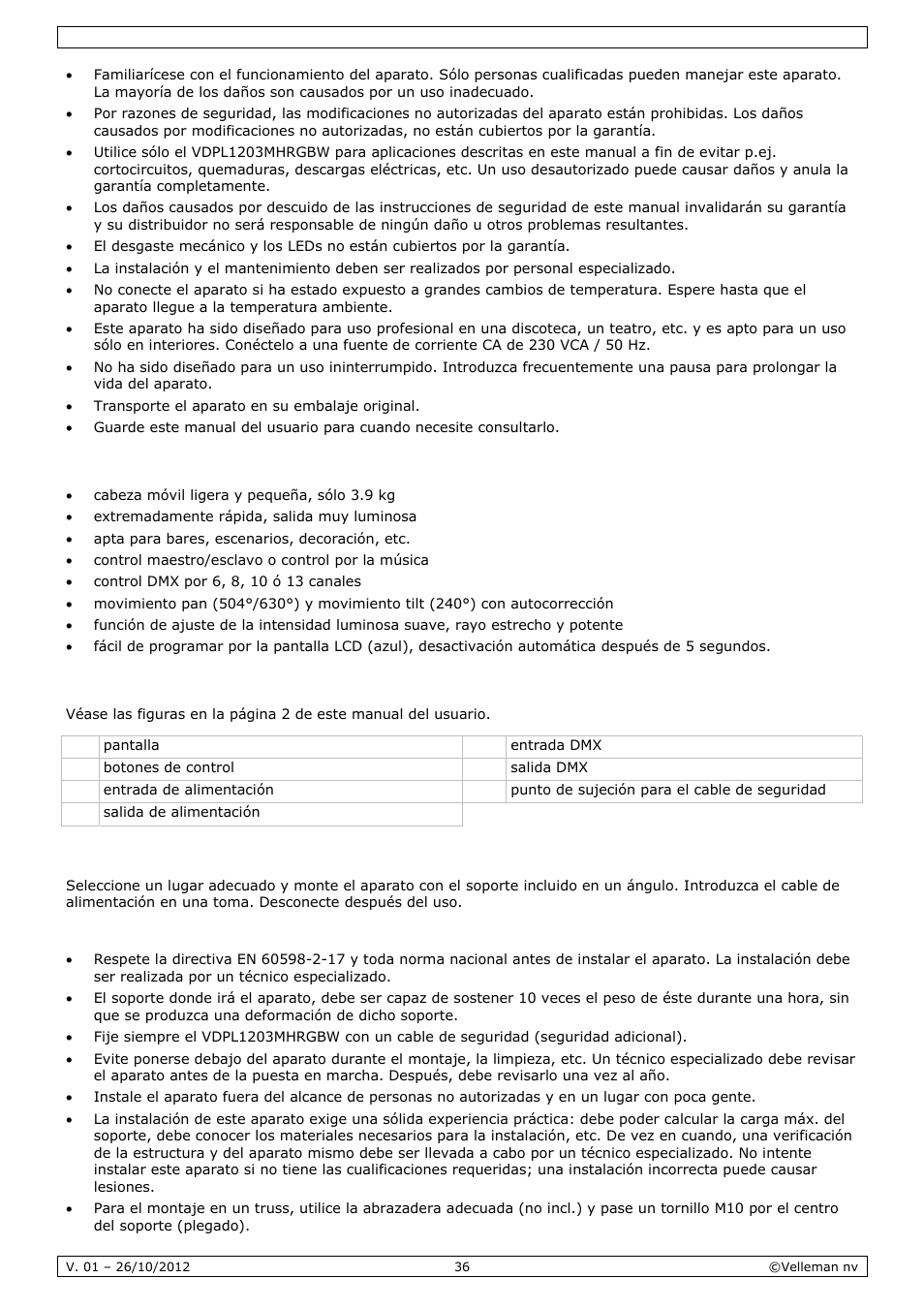 Características, Descripción, Instalación | Velleman VDPL1203MHRGBW User Manual | Page 36 / 58