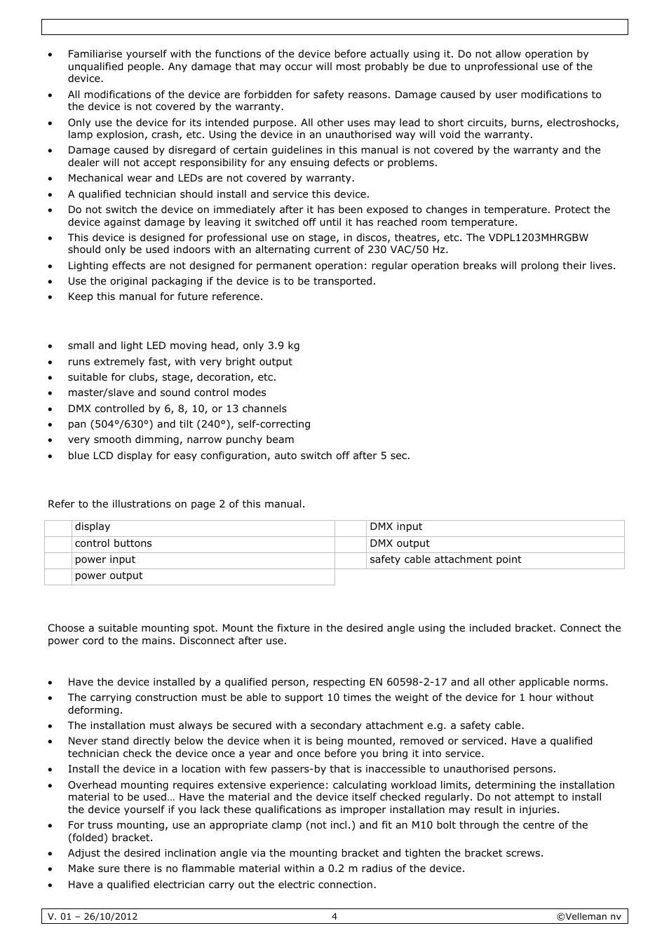 Features, Overview, Installation | Velleman VDPL1203MHRGBW User Manual | Page 4 / 58