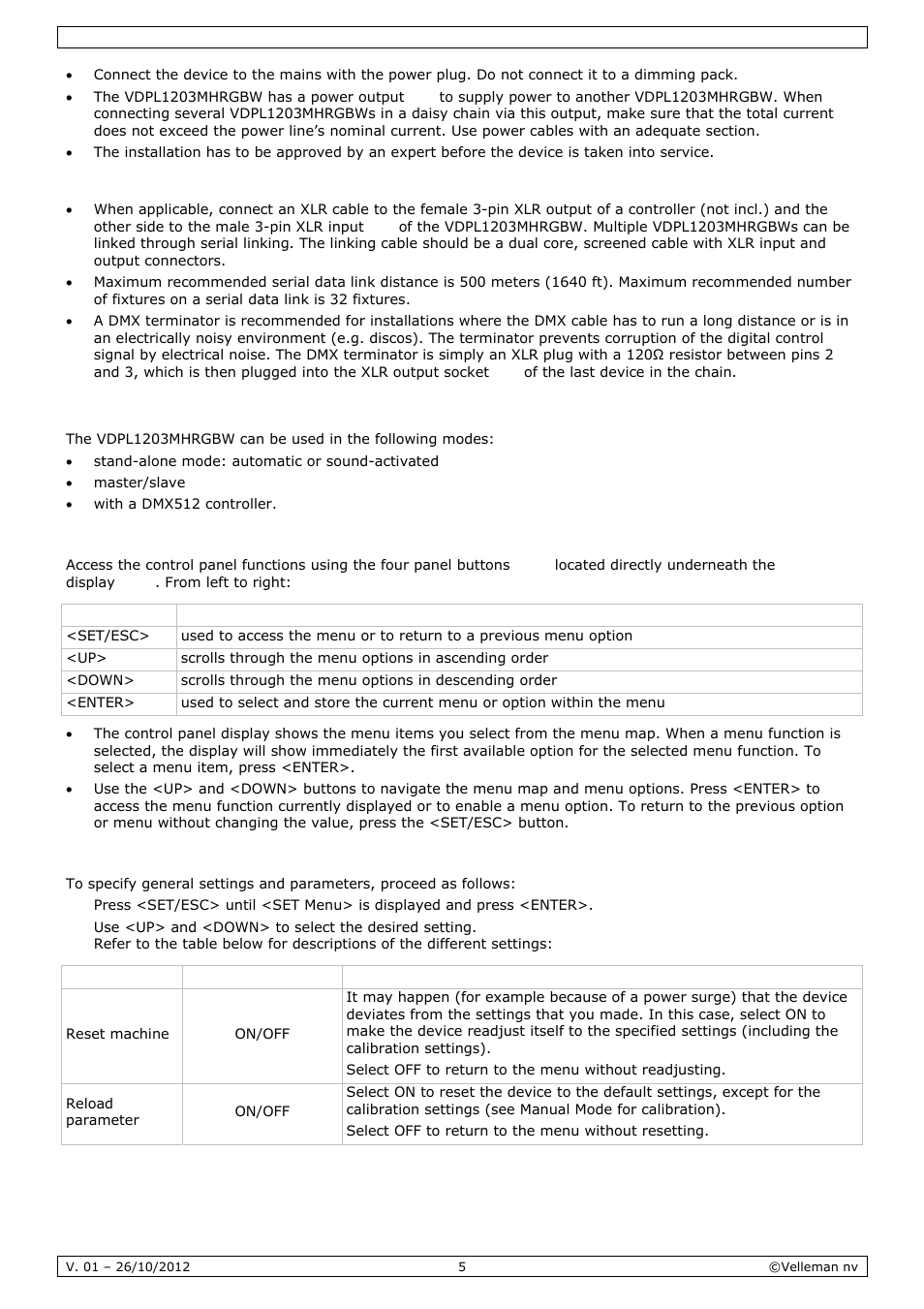 Operation | Velleman VDPL1203MHRGBW User Manual | Page 5 / 58