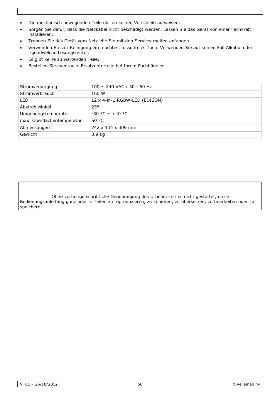 Technische daten | Velleman VDPL1203MHRGBW User Manual | Page 56 / 58