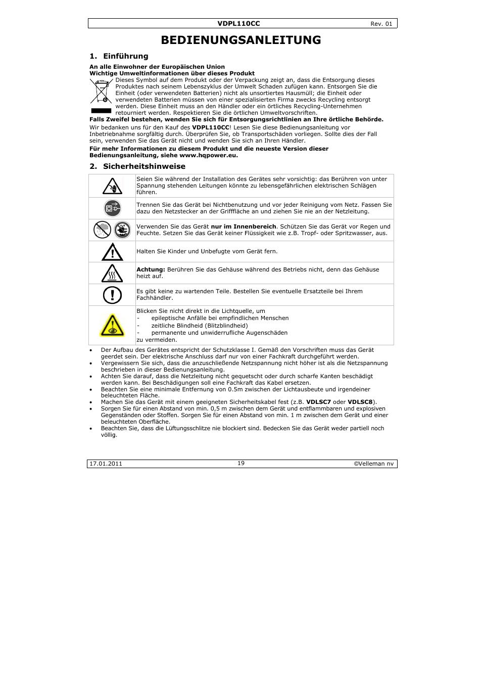 Bedien, Nungs, Sanleit | Tung | Velleman VDPL110CC User Manual | Page 19 / 25
